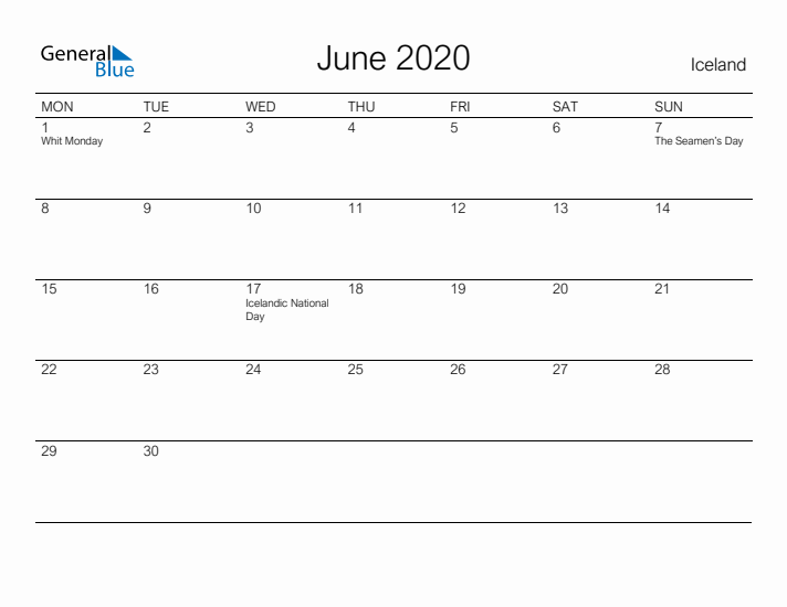 Printable June 2020 Calendar for Iceland