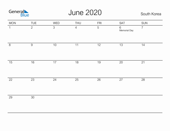Printable June 2020 Calendar for South Korea