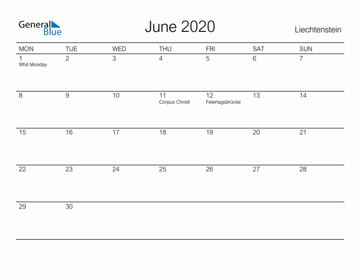 Printable June 2020 Calendar for Liechtenstein