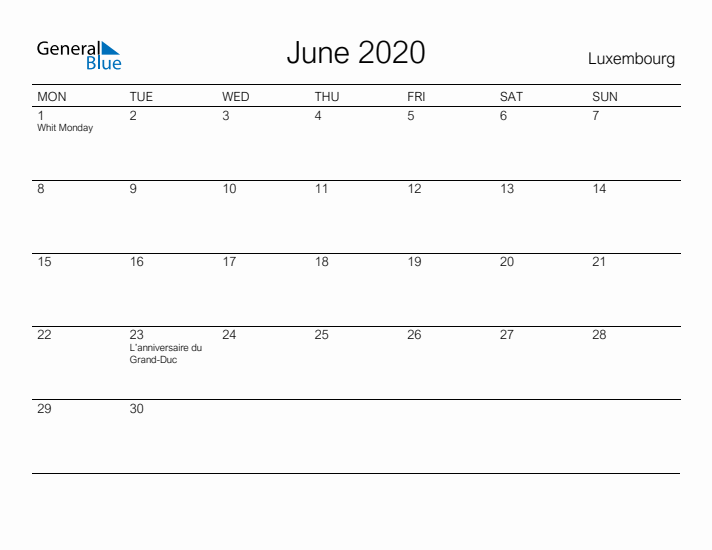 Printable June 2020 Calendar for Luxembourg