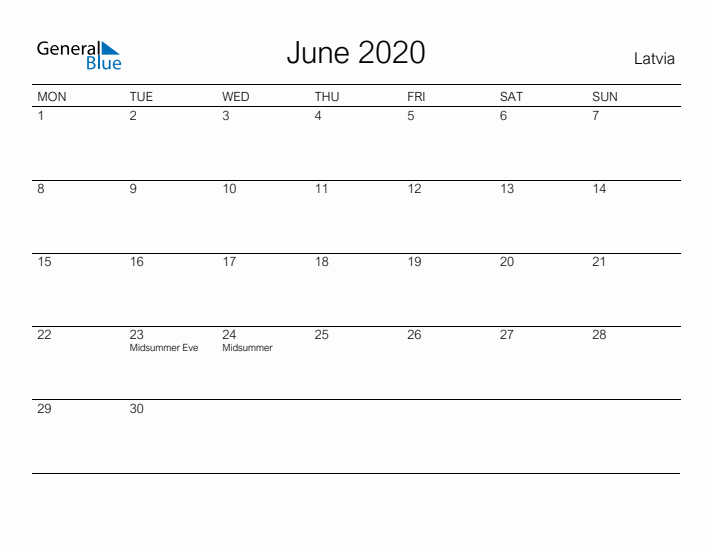 Printable June 2020 Calendar for Latvia