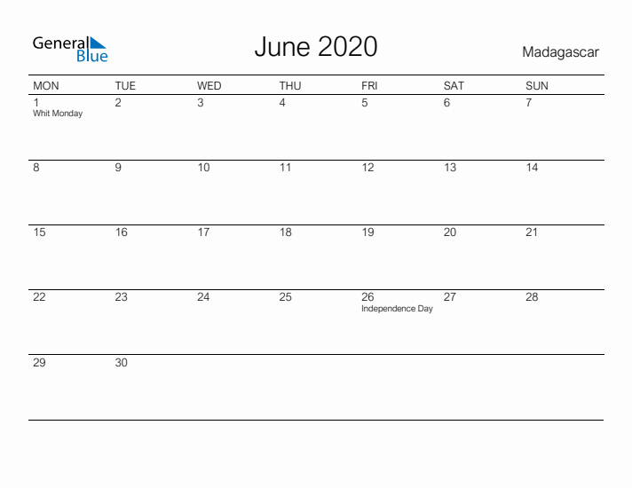 Printable June 2020 Calendar for Madagascar