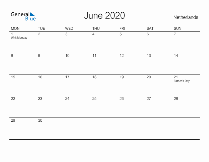Printable June 2020 Calendar for The Netherlands