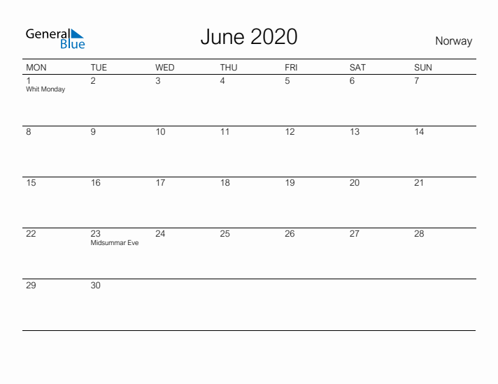Printable June 2020 Calendar for Norway