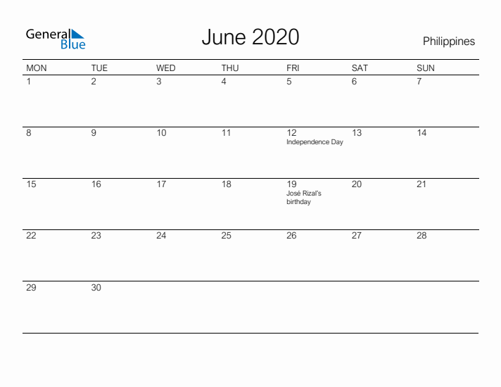 Printable June 2020 Calendar for Philippines