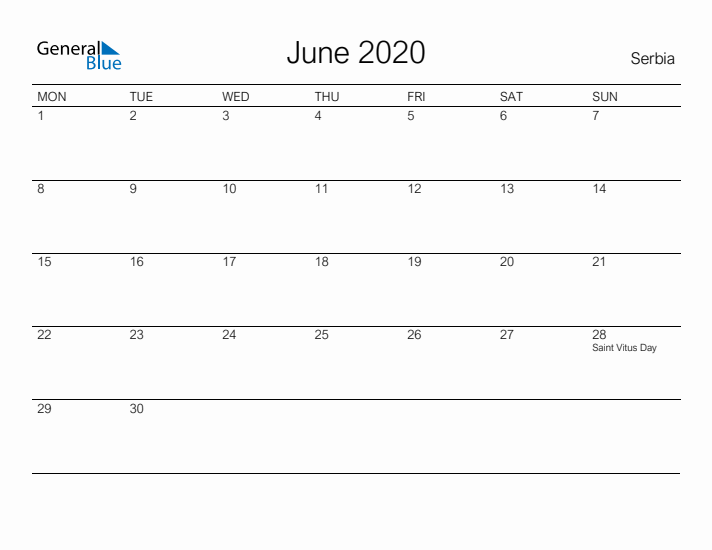 Printable June 2020 Calendar for Serbia