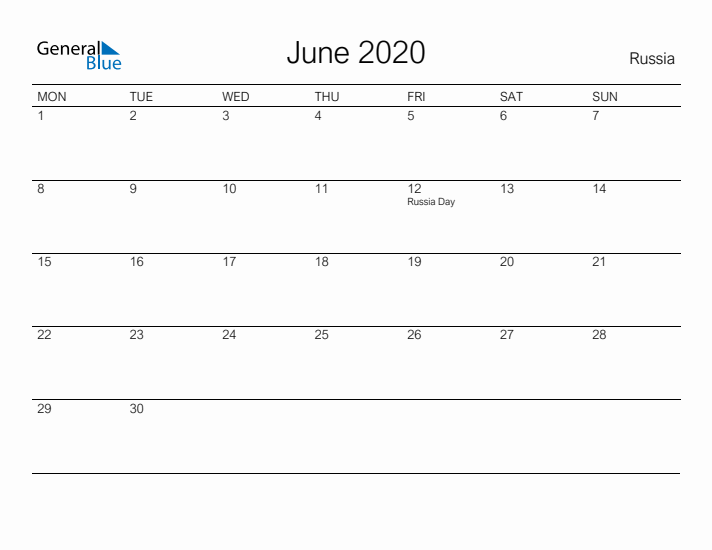 Printable June 2020 Calendar for Russia