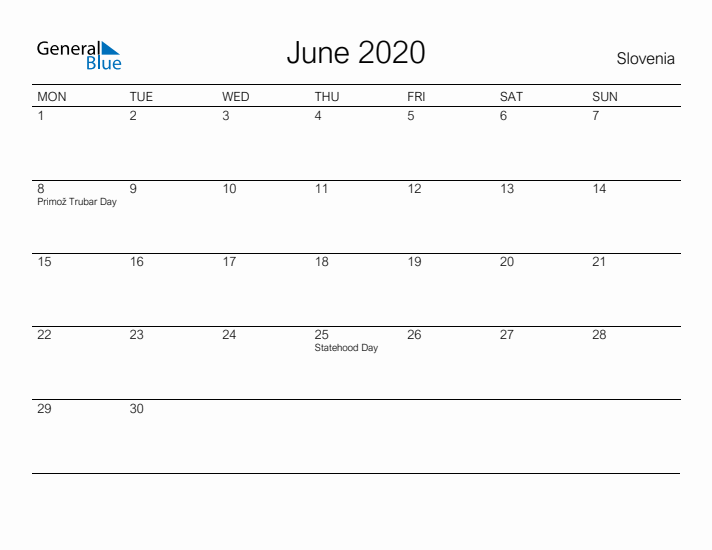 Printable June 2020 Calendar for Slovenia