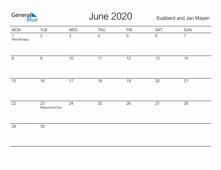 Printable June 2020 Calendar for Svalbard and Jan Mayen