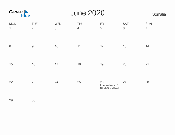 Printable June 2020 Calendar for Somalia