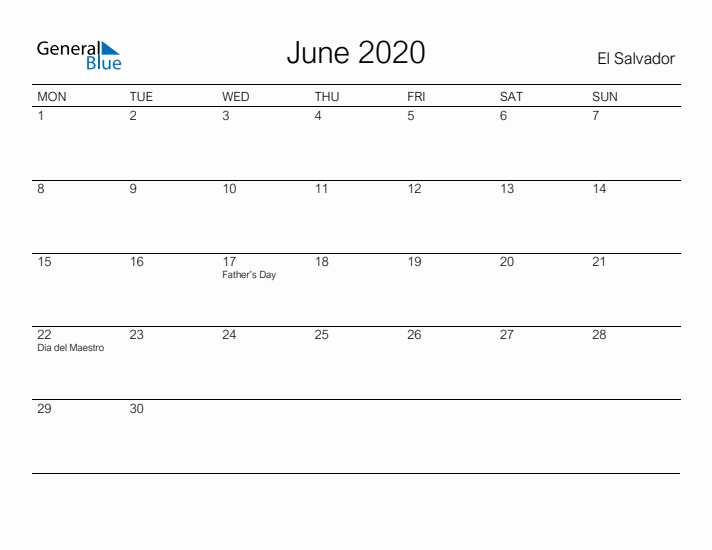 Printable June 2020 Calendar for El Salvador