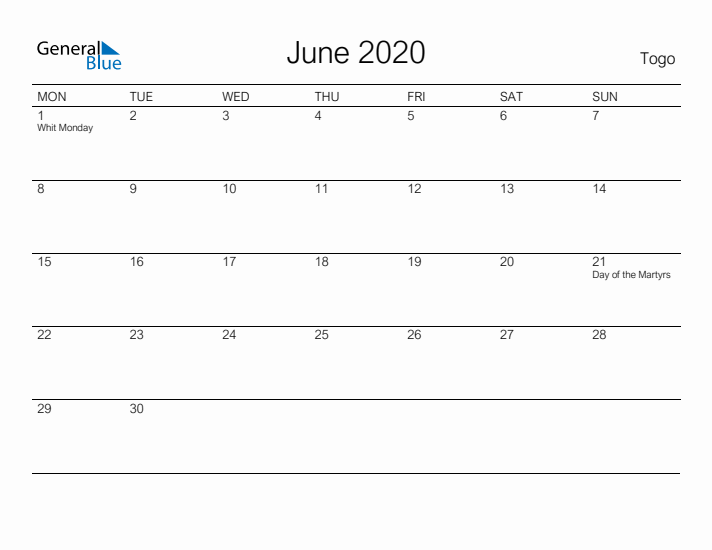 Printable June 2020 Calendar for Togo