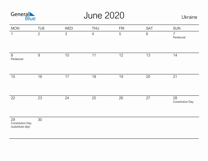 Printable June 2020 Calendar for Ukraine