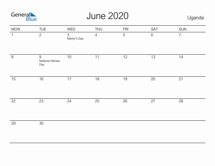 Printable June 2020 Calendar for Uganda