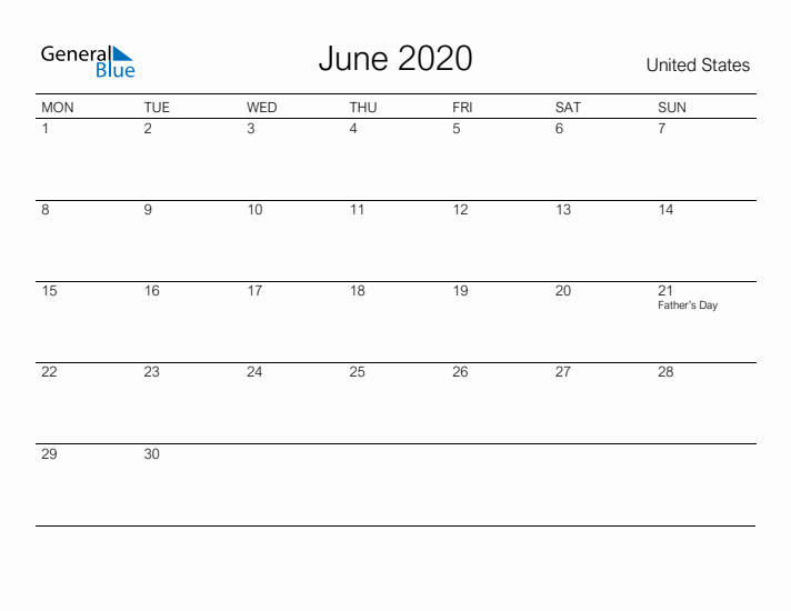 Printable June 2020 Calendar for United States