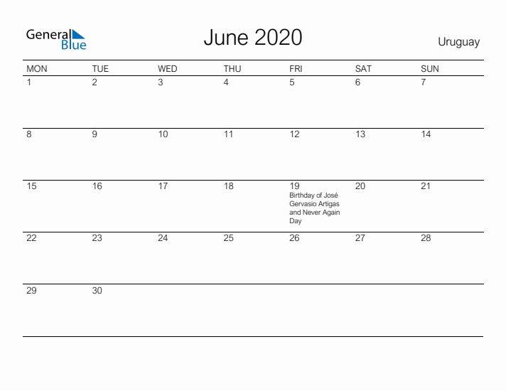 Printable June 2020 Calendar for Uruguay