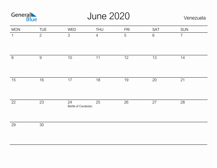 Printable June 2020 Calendar for Venezuela
