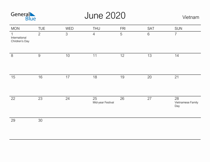 Printable June 2020 Calendar for Vietnam