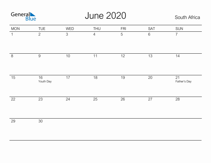 Printable June 2020 Calendar for South Africa