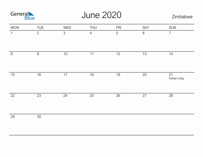 Printable June 2020 Calendar for Zimbabwe
