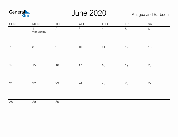 Printable June 2020 Calendar for Antigua and Barbuda