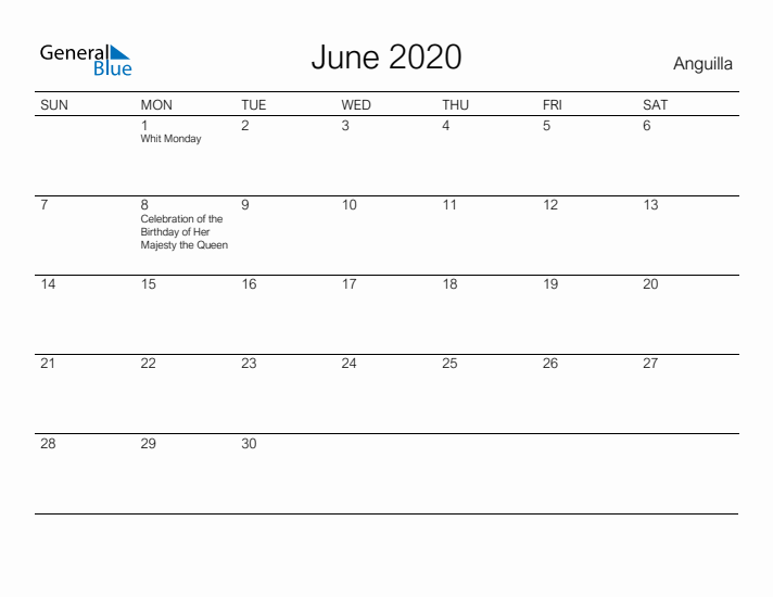 Printable June 2020 Calendar for Anguilla