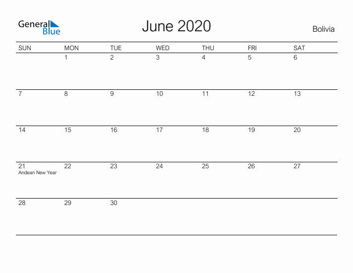 Printable June 2020 Calendar for Bolivia