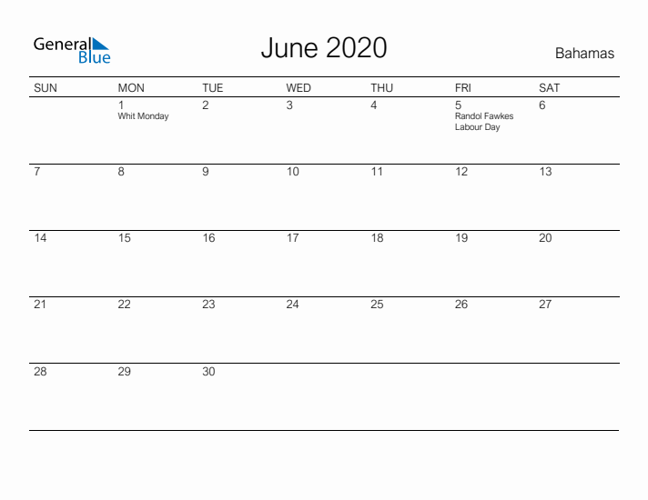 Printable June 2020 Calendar for Bahamas