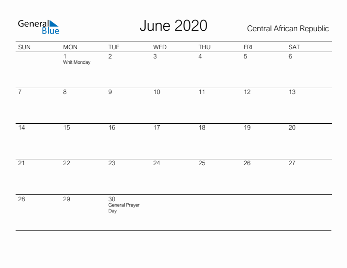 Printable June 2020 Calendar for Central African Republic