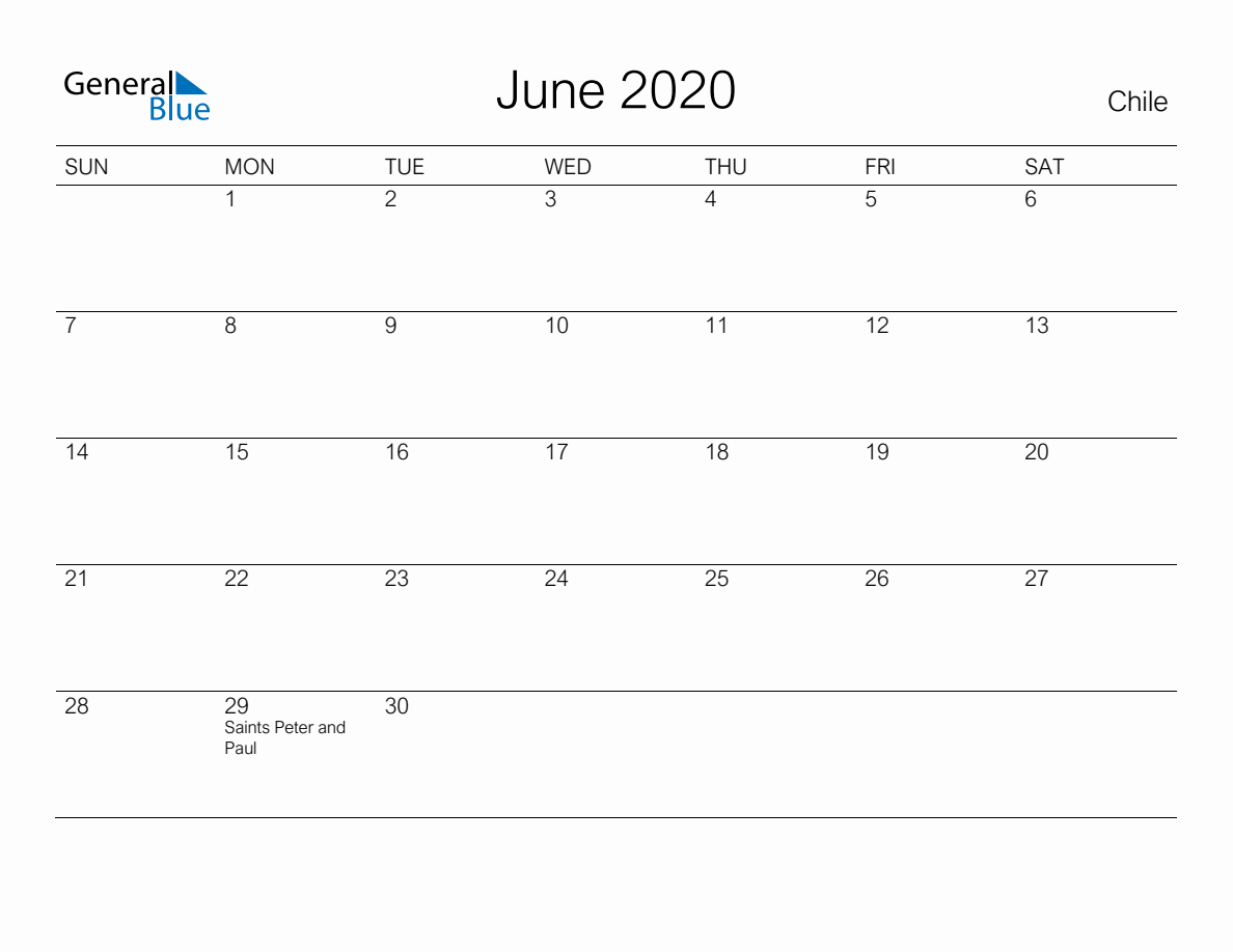 Printable June 2020 Monthly Calendar With Holidays For Chile 3545