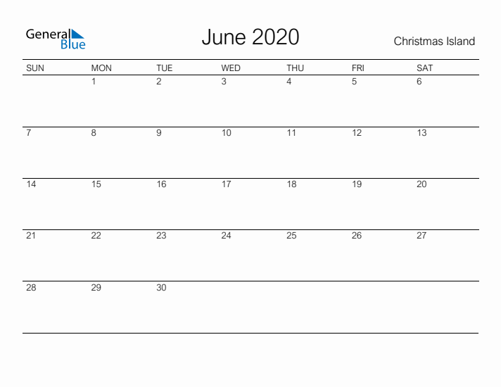 Printable June 2020 Calendar for Christmas Island