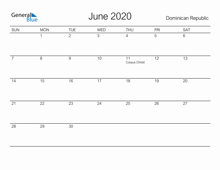 Printable June 2020 Calendar for Dominican Republic