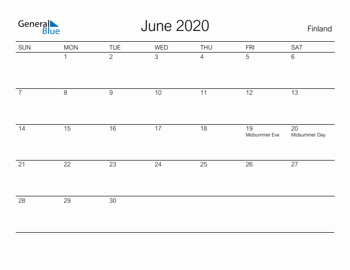 Printable June 2020 Calendar for Finland