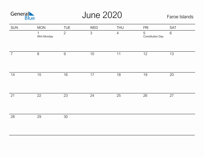 Printable June 2020 Calendar for Faroe Islands