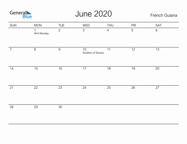 Printable June 2020 Calendar for French Guiana