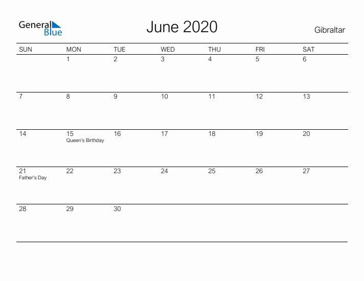 Printable June 2020 Calendar for Gibraltar
