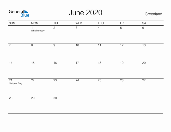 Printable June 2020 Calendar for Greenland