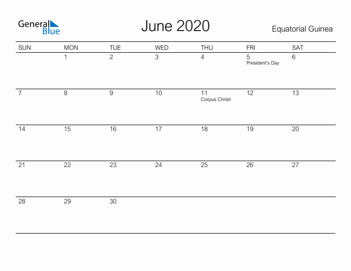 Printable June 2020 Calendar for Equatorial Guinea