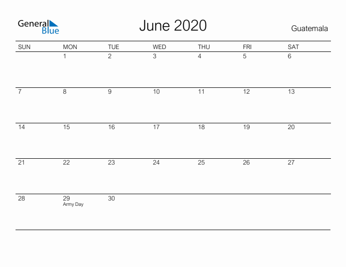 Printable June 2020 Calendar for Guatemala