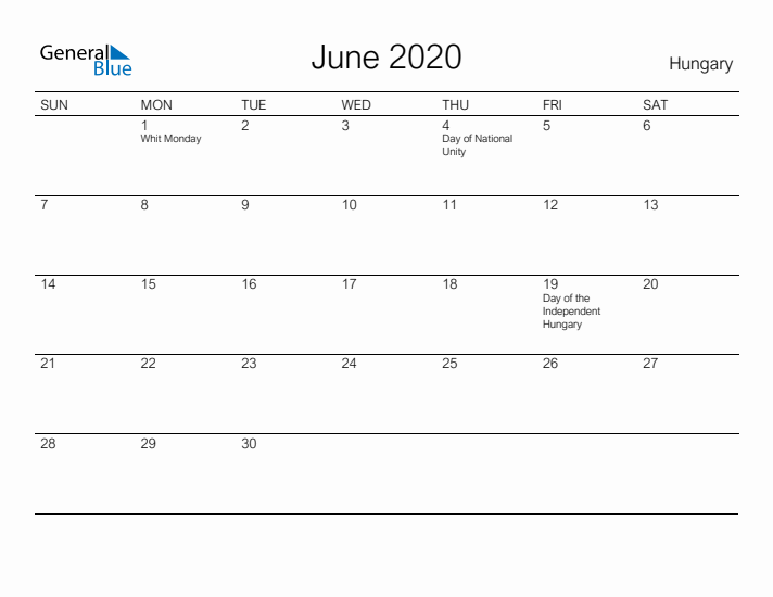 Printable June 2020 Calendar for Hungary