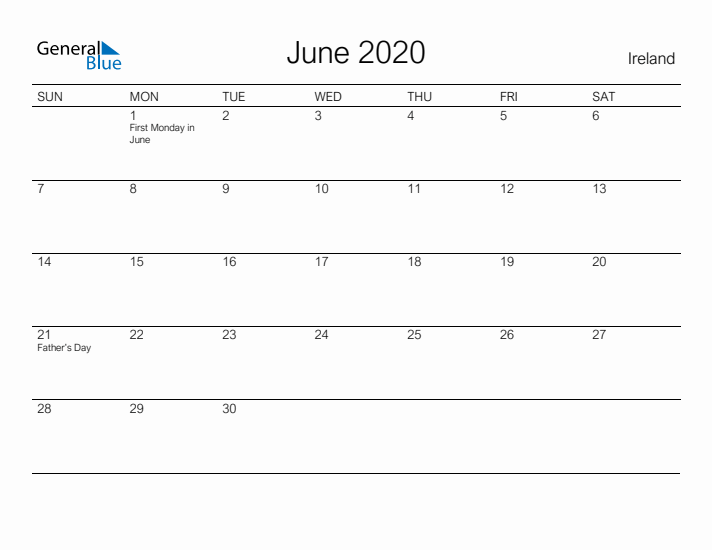 Printable June 2020 Calendar for Ireland