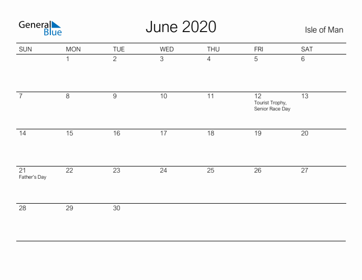Printable June 2020 Calendar for Isle of Man