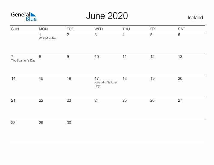 Printable June 2020 Calendar for Iceland