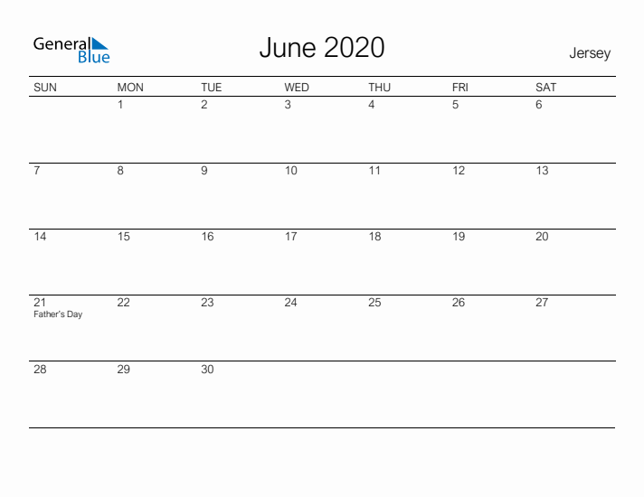 Printable June 2020 Calendar for Jersey
