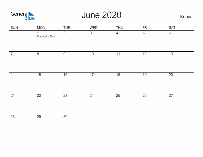 Printable June 2020 Calendar for Kenya