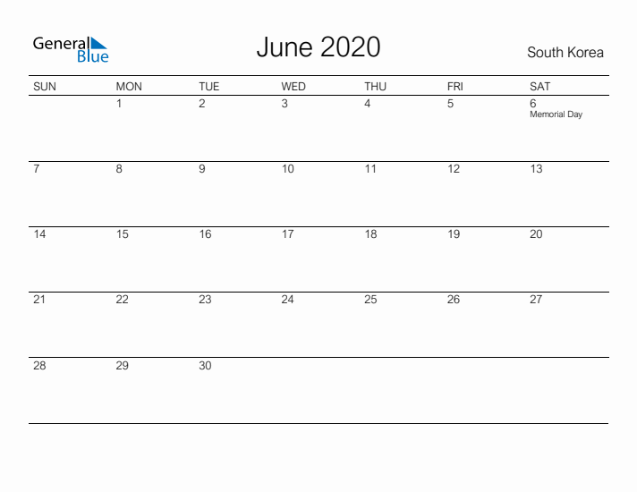 Printable June 2020 Calendar for South Korea