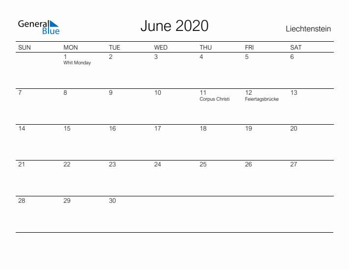 Printable June 2020 Calendar for Liechtenstein