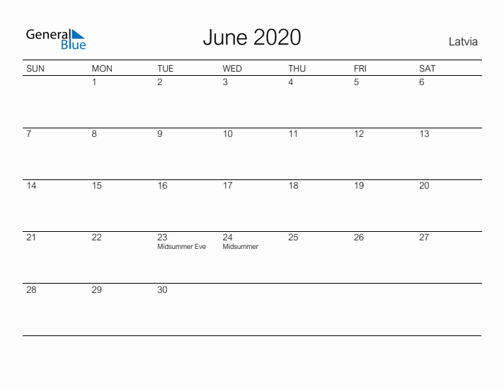 Printable June 2020 Calendar for Latvia