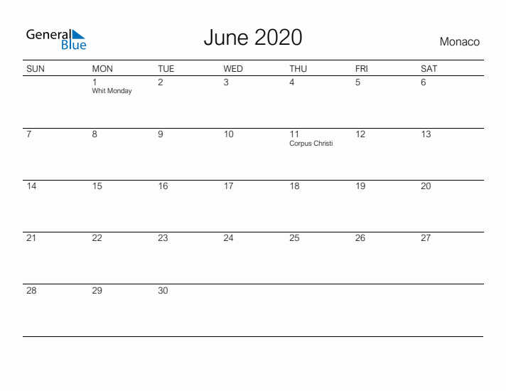 Printable June 2020 Calendar for Monaco
