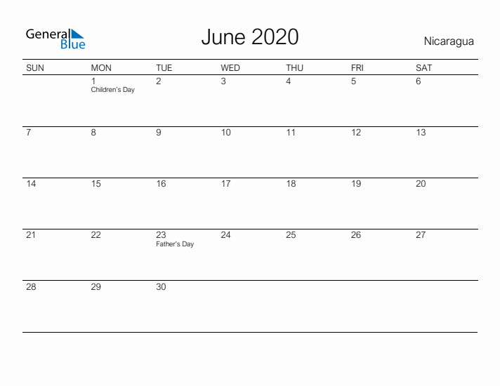 Printable June 2020 Calendar for Nicaragua